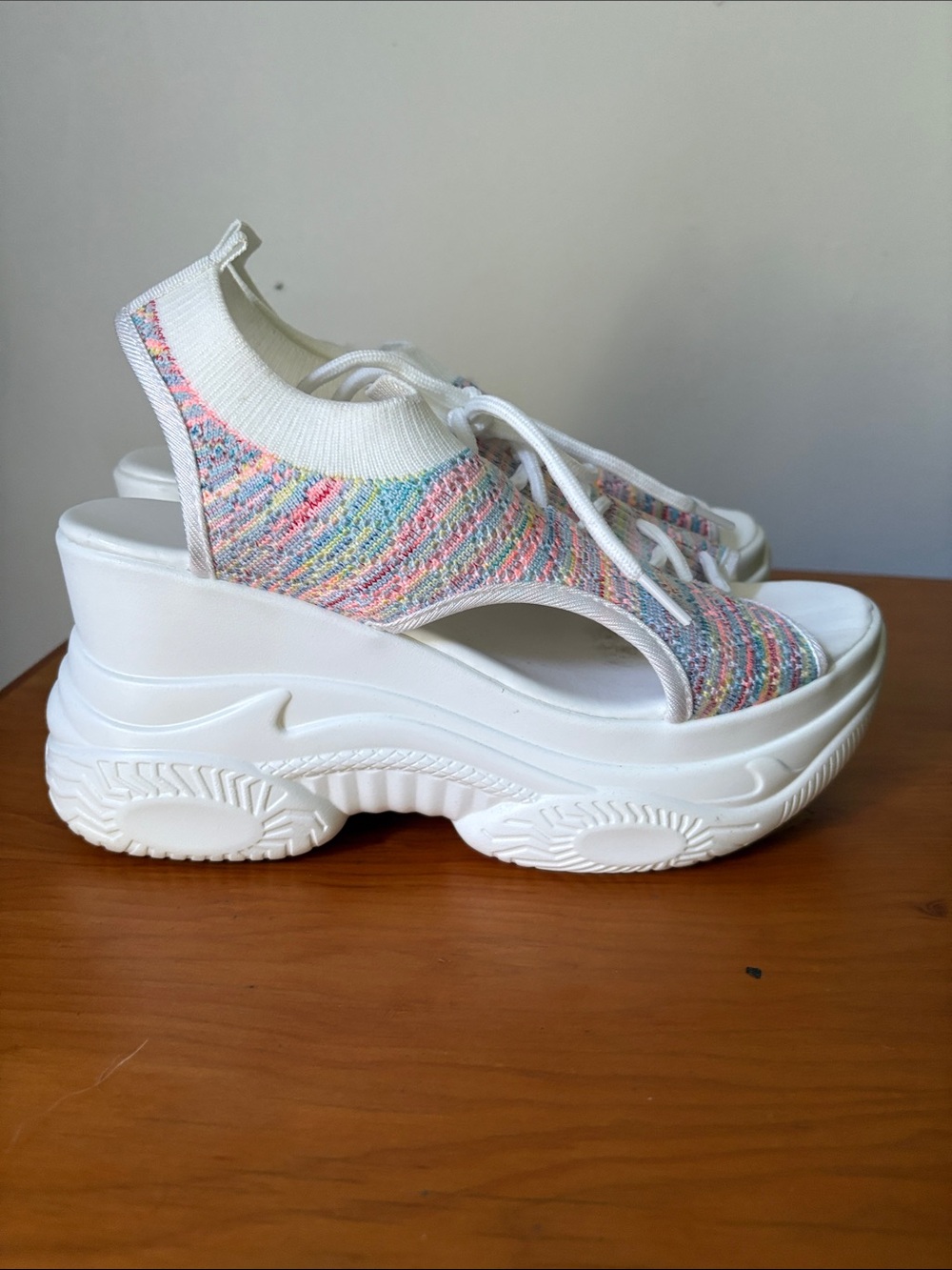 White Multicolor Knit Platform Sandals - Women's Sporty Wedge